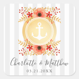 Nautic Watercolor Floral Gold Ankerhochzeit Quadratischer Aufkleber