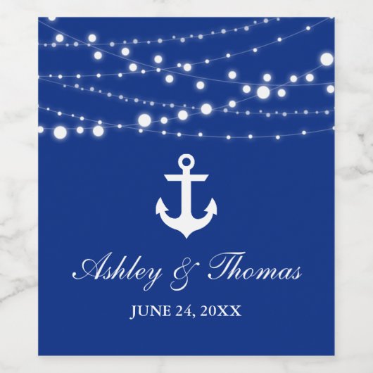 Nautic Wedding Anchor String Lights Blue Weinetikett (Einzelnes Label)