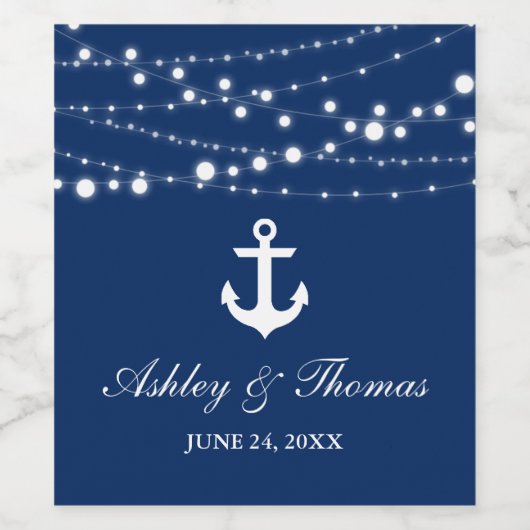 Nautic Wedding Anchor String Lights Navy Blue Weinetikett (Einzelnes Label)