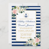 Nautic Wedding Blue Stripes Floral Burlap Einladung (Vorderseite)