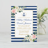 Nautic Wedding Blue Stripes Floral Burlap Einladung (Stehend Vorderseite)