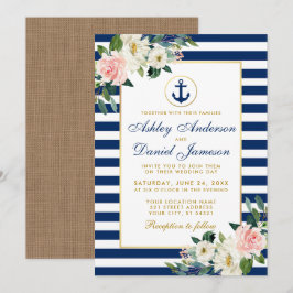 Nautic Wedding Blue Stripes Floral Burlap Einladung