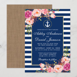 Nautic Wedding Blue Stripes Floral Pink Einladung 