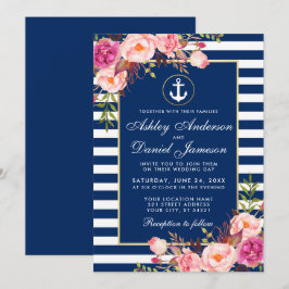Nautic Wedding Blue Stripes Pink Floral Einladung 