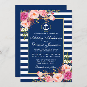 Nautic Wedding Blue Stripes Pink Floral Einladung