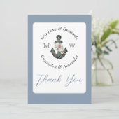 Nautic Wedding Floral Anchor Dusty Blue Dankeskarte (Stehend Vorderseite)