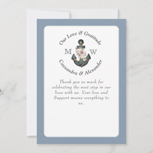 Nautic Wedding Floral Anchor Dusty Blue Dankeskarte (Rückseite)