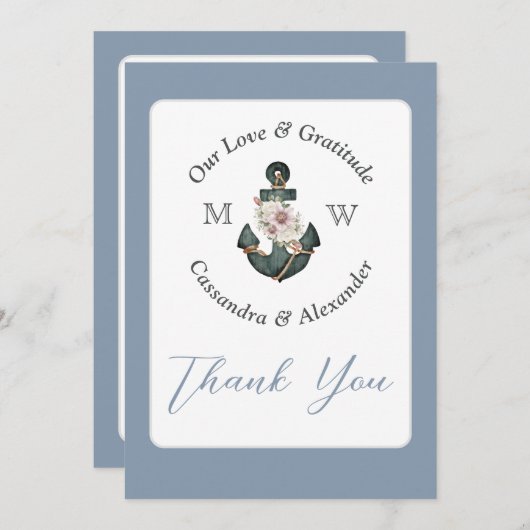Nautic Wedding Floral Anchor Dusty Blue Dankeskarte (Vorne/Hinten)