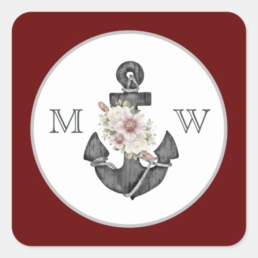 Nautic Wedding Floral Anchor Maroon Red White Quadratischer Aufkleber (Vorderseite)