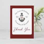 Nautic Wedding Floral Anchor Maroon Rust Red Dankeskarte (Stehend Vorderseite)