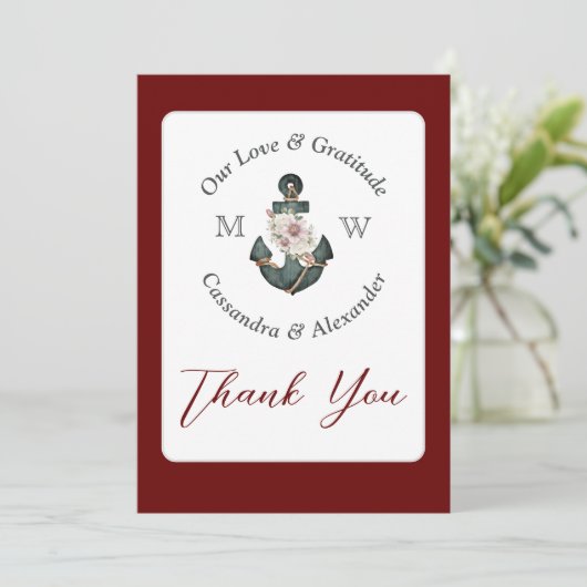 Nautic Wedding Floral Anchor Maroon Rust Red Dankeskarte (Stehend Vorderseite)