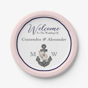 Nautic Wedding Floral Anchor Navy Blau und Rosa Pappteller