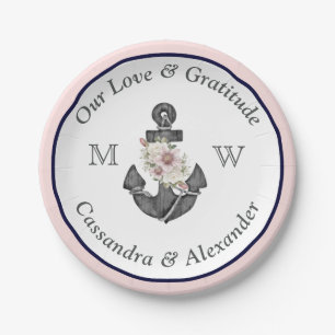 Nautic Wedding Floral Anchor Navy Blau und Rosa Pappteller