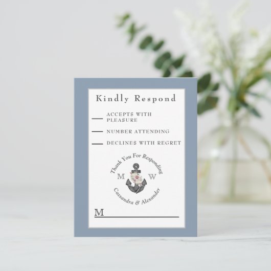 Nautic Wedding Floral Anchor Navy Blue White RSVP Karte (Stehend Vorderseite)