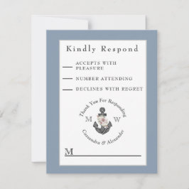 Nautic Wedding Floral Anchor Navy Blue White RSVP Karte
