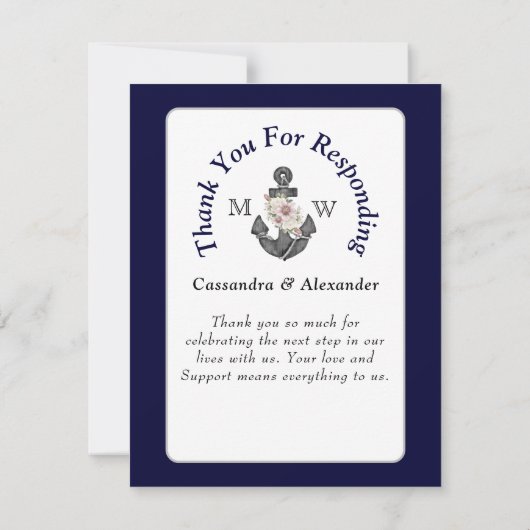 Nautic Wedding Floral Anchor Navy Blue White RSVP Karte (Rückseite)