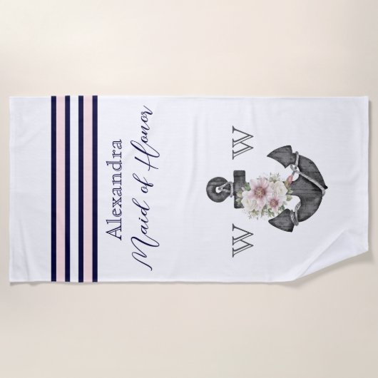 Nautic Wedding Floral Anchor Navy Trauzeugin Strandtuch (Vorderseite)