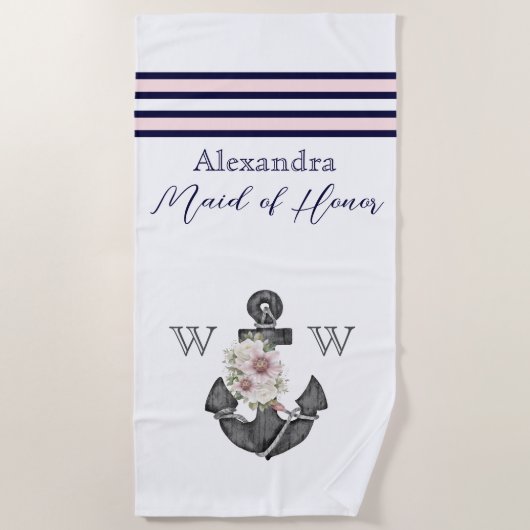 Nautic Wedding Floral Anchor Navy Trauzeugin Strandtuch (Vorderseite)
