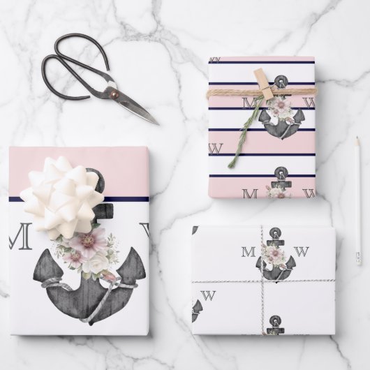 Nautic Wedding Floral Anchor Pink Navy Geschenkpapier Set (Vorderseite)