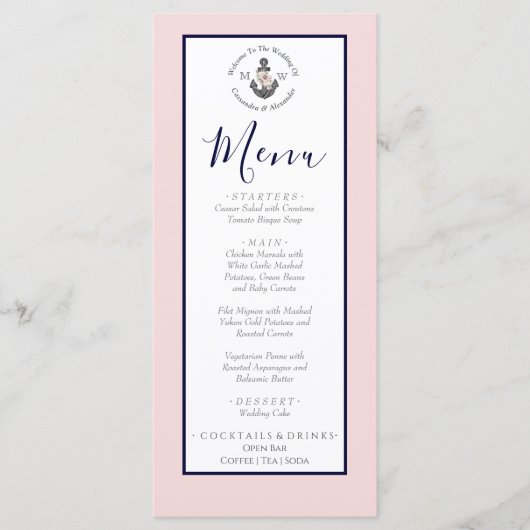 Nautic Wedding Floral Anchor Pink Navy Grau Menükarte (Vorderseite)