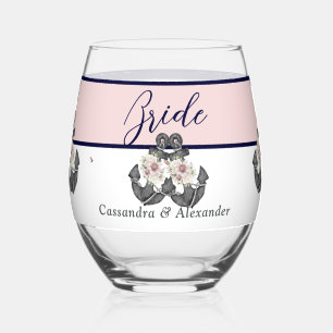 Nautic Wedding Floral Anchor Pink und Navy Bridge Weinglas Ohne Stiel