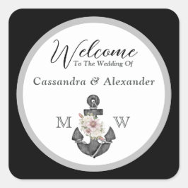 Nautic Wedding Floral Anchor Schwarz-Weiß Quadratischer Aufkleber
