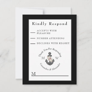 Nautic Wedding Floral Anchor Schwarz-Weiß RSVP Karte