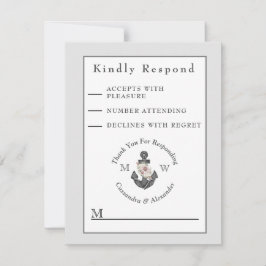 Nautic Wedding Floral Anchor Silver Gray White RSVP Karte