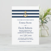 Nautic Wedding Gold Anchor Navy Stripes Einladung (Stehend Vorderseite)