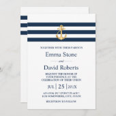 Nautic Wedding Gold Anchor Navy Stripes Einladung (Vorne/Hinten)