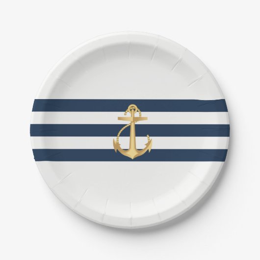 Nautic Wedding Gold Anchor Navy Stripes Pappteller (Vorderseite)