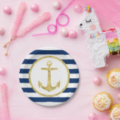 Nautic Wedding Gold Anchor Royal Blue Stripes Pappteller (Party)