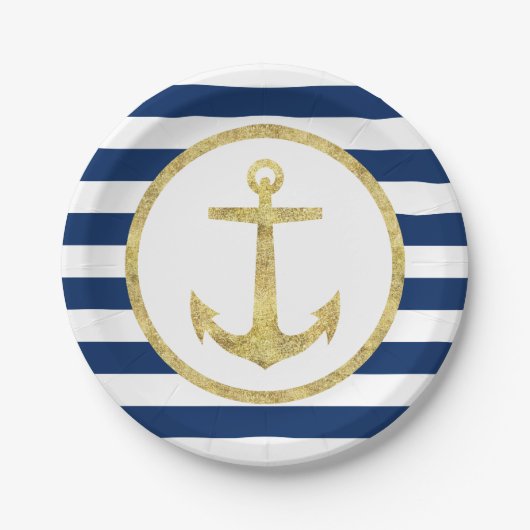 Nautic Wedding Gold Anchor Royal Blue Stripes Pappteller (Vorderseite)