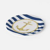 Nautic Wedding Gold Anchor Royal Blue Stripes Pappteller (Schrägansicht)