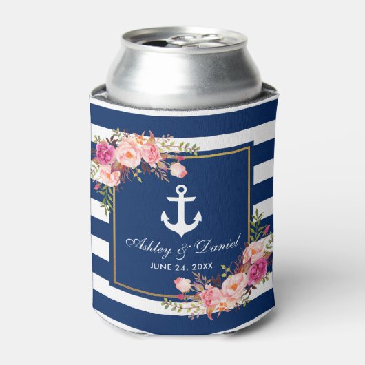 Nautic Wedding Navy Blau Streifen Gold Floral Dosenkühler (Kanne Vorderseite)