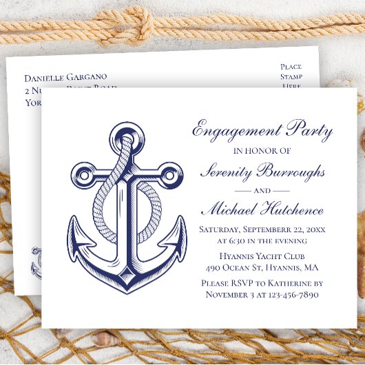 Nautic Wedding Navy Blue Anchor Engagement Party Postkarte