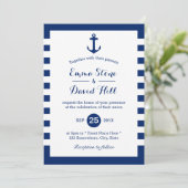 Nautic Wedding Navy Blue Anchor & Stripes Einladung (Stehend Vorderseite)