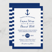 Nautic Wedding Navy Blue Anchor & Stripes Einladung (Vorne/Hinten)