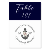 Nautic Wedding Navy Blue Floral Anchor Tischnummer (Rückseite)