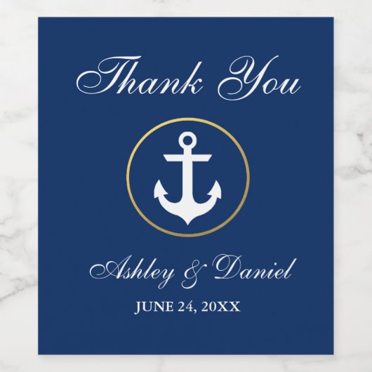 Nautic Wedding Navy Blue Gold Vielen Dank Weinetikett (Einzelnes Label)