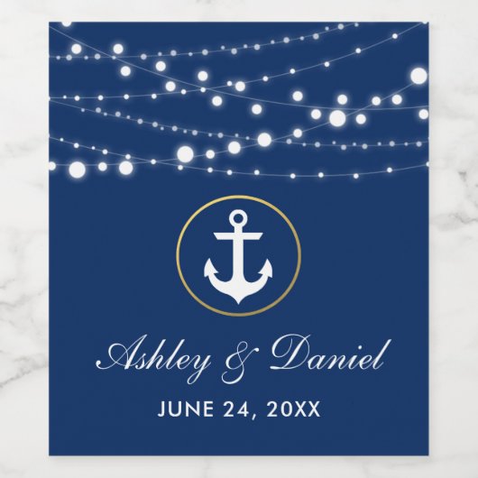 Nautic Wedding String Lights Navy Blue Gold Weinetikett (Einzelnes Label)
