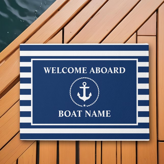Nautic Welcome Bard Anchor Rope Blue Striping Fußmatte (Customize to change text size, text style or background color.)