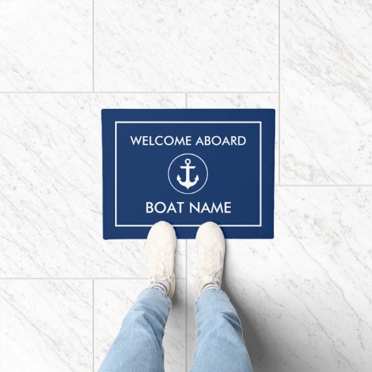 Nautic Welcome Boat Name Navy Blue White Fußmatte (Indoor)
