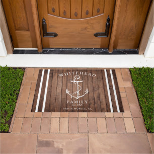 Nautic Welcome Family Name Anchor Brown Wood Fußmatte