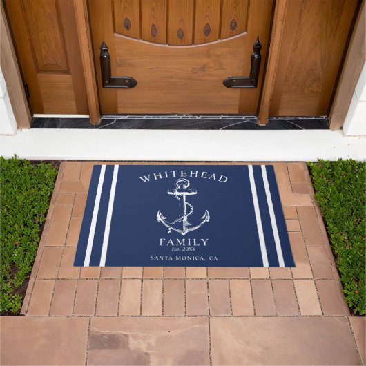 Nautic Welcome Family Name Anchor Navy Blue Fußmatte (Außenbereich)