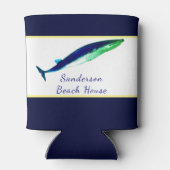 Nautic Whale Watercolor Navy Blue Yellow Küstenlin Dosenkühler (Rückseite)