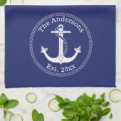 Nautic White Anchor auf Navy Blue Family Name Geschirrtuch (Gefaltet)