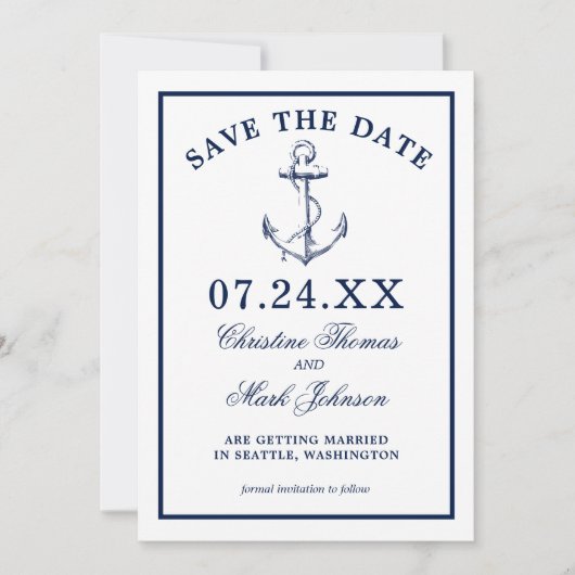 Nautic White Anchor Classic Save the Date Einladung (Vorderseite)
