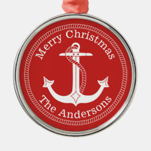 Nautic White Anchor Familienname Weihnachten Silbernes Ornament