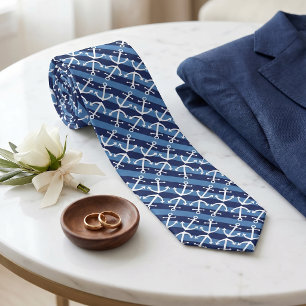 Nautic White Anchor Muster Azure Blue Streifen Krawatte